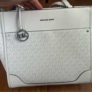 Michael Kors White Tote with Signature Monogram and Silver Hardware